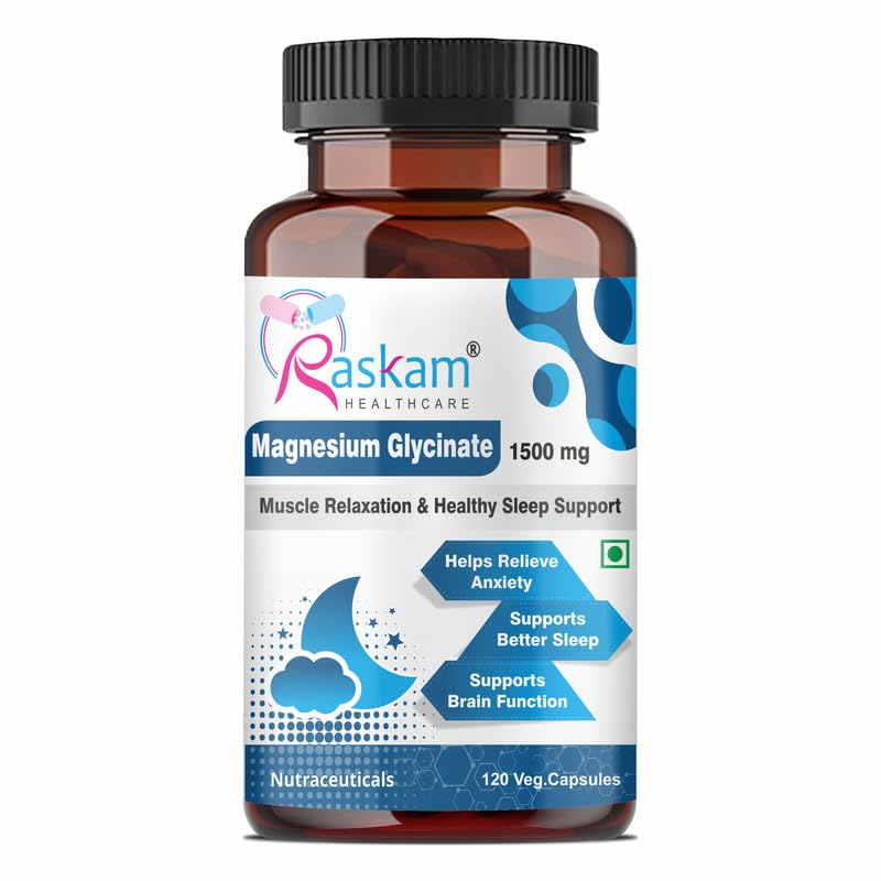 Bottle of Raskam Magnesium Glycinate supplement on a white background