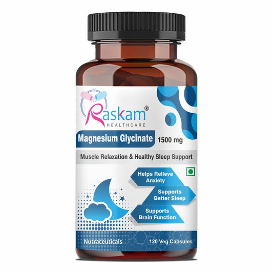 Bottle of Raskam Magnesium Glycinate supplement on a white background