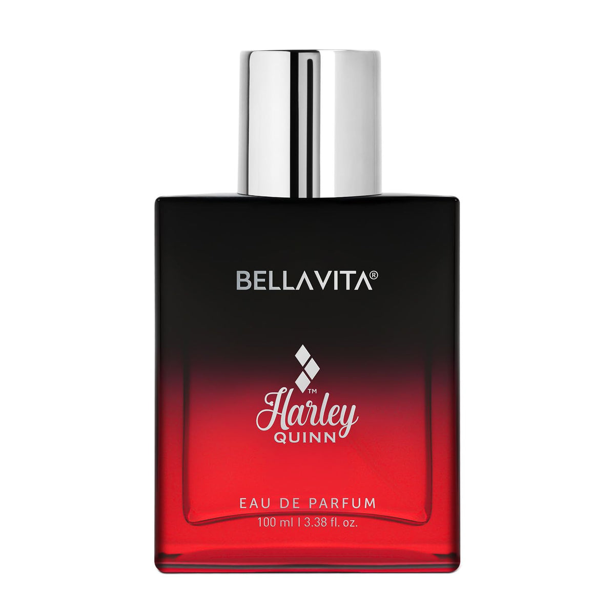 Bellavita Harley Quinn eau de parfum bottle with red and black design on a white background