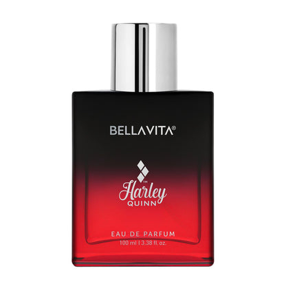 Bellavita Harley Quinn eau de parfum bottle with red and black design on a white background