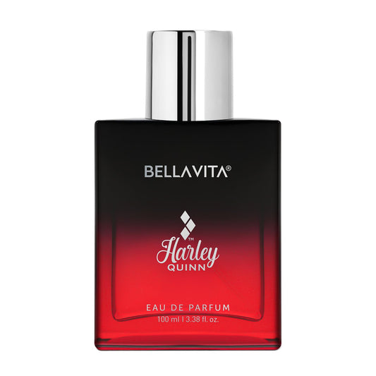 Bellavita Harley Quinn eau de parfum bottle with red and black design on a white background