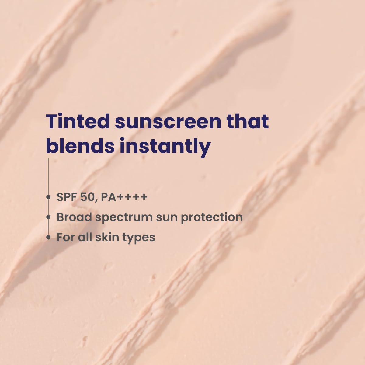 Tinted sunscreen swatch with text highlighting SPF 50, PA++++, and broad spectrum sun protection.