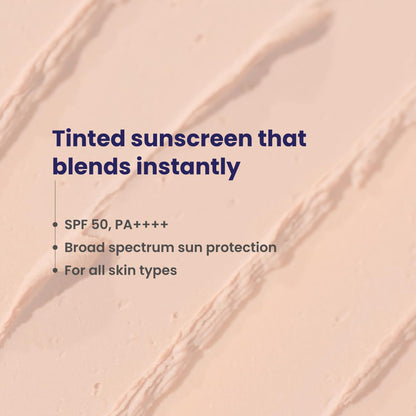 Tinted sunscreen swatch with text highlighting SPF 50, PA++++, and broad spectrum sun protection.