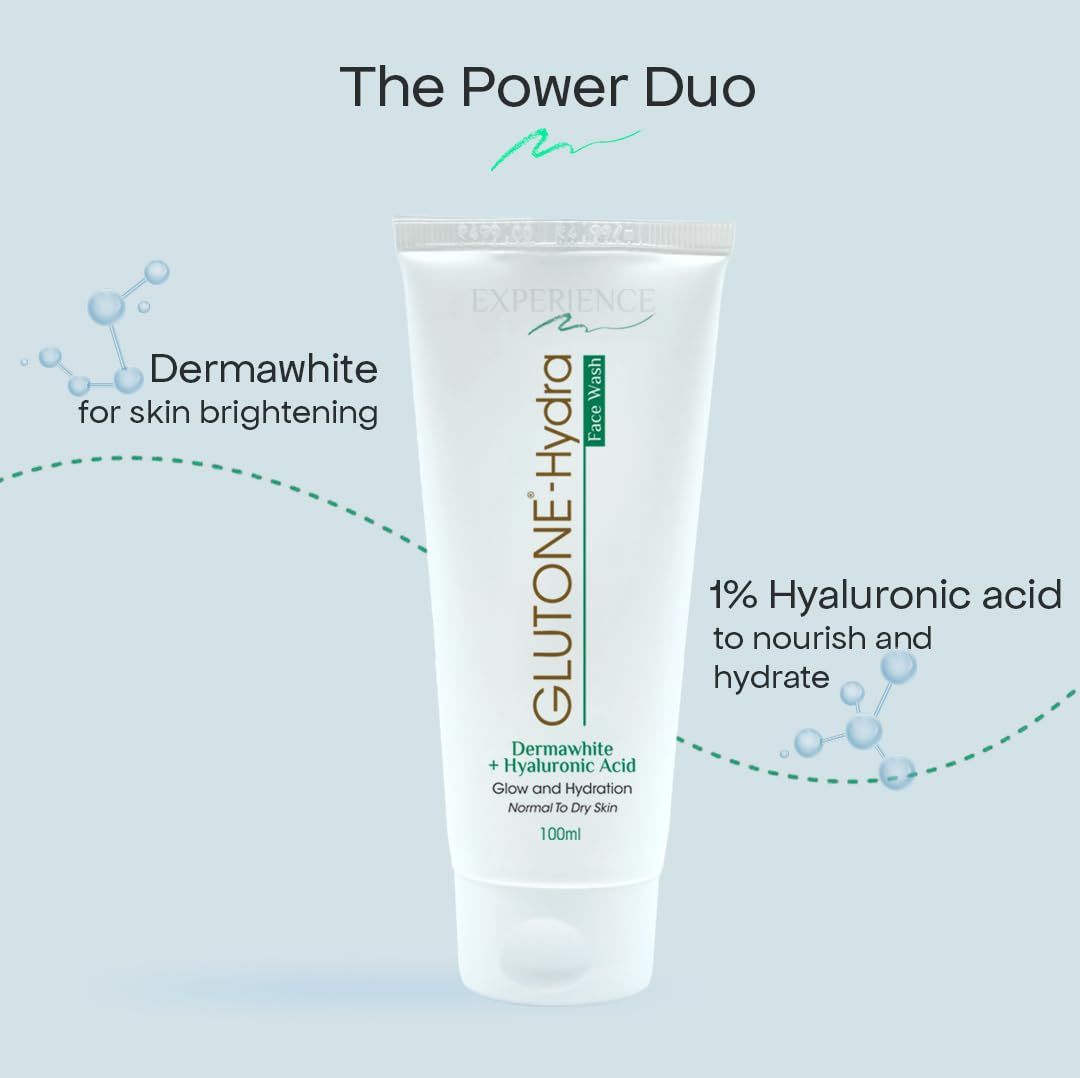 Tube of Glutone+Hydra skincare product with text on a light blue background