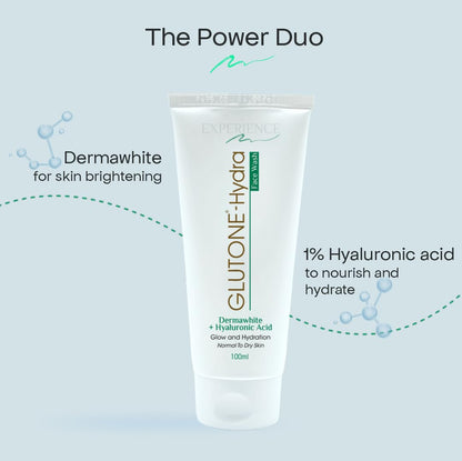 Tube of Glutone+Hydra skincare product with text on a light blue background