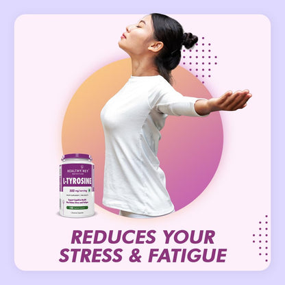 Woman with outstretched arms next to a bottle of Healthy Hue L-Tyrosine on a gradient background