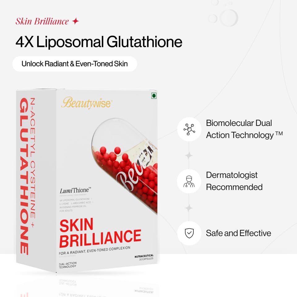 Beautywise Dual Action Skin Brilliance 4X Liposomal Glutathione With Nac|Dual Action 30 Capsules|L-Lysine,Grape Seed & Vitamin C |For Skin Brightening & Glow|(Pack of 1)