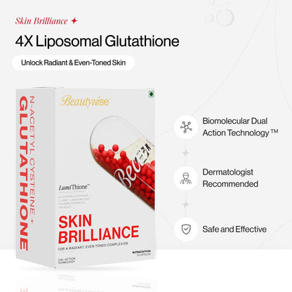 Beautywise Dual Action Skin Brilliance 4X Liposomal Glutathione With Nac|Dual Action 30 Capsules|L-Lysine,Grape Seed & Vitamin C |For Skin Brightening & Glow|(Pack of 1)