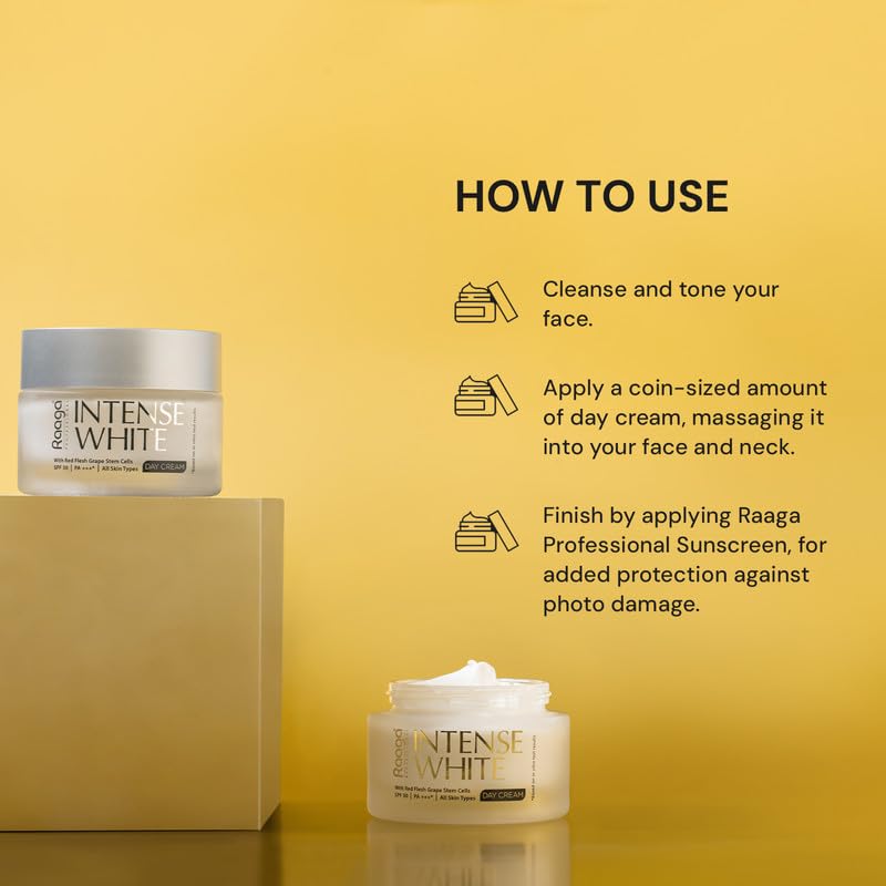 Raaga Professional Intense White Day Cream | Red Flesh Grape Stem Cells | SPF 30 PA+++ | Nourished Skin All Day | All Skin Types, Phthalate Free, Sulphate Free (50 gm)