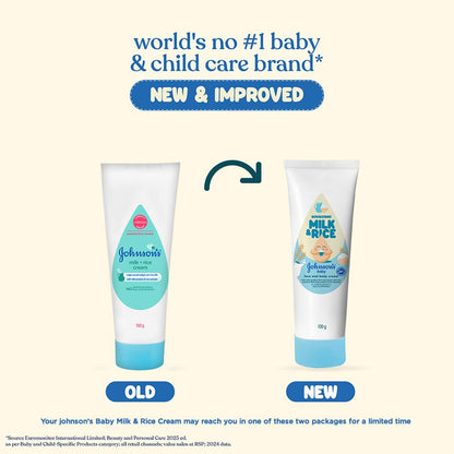 Johnson's Baby Milk & Rice Cream for Summer 100g | Lightweight Moisturizer | With Milk Protein & Vitamin E | Soft & Smooth Skin | Hypoallergenic | For Dry & Sensitive Baby Skin
