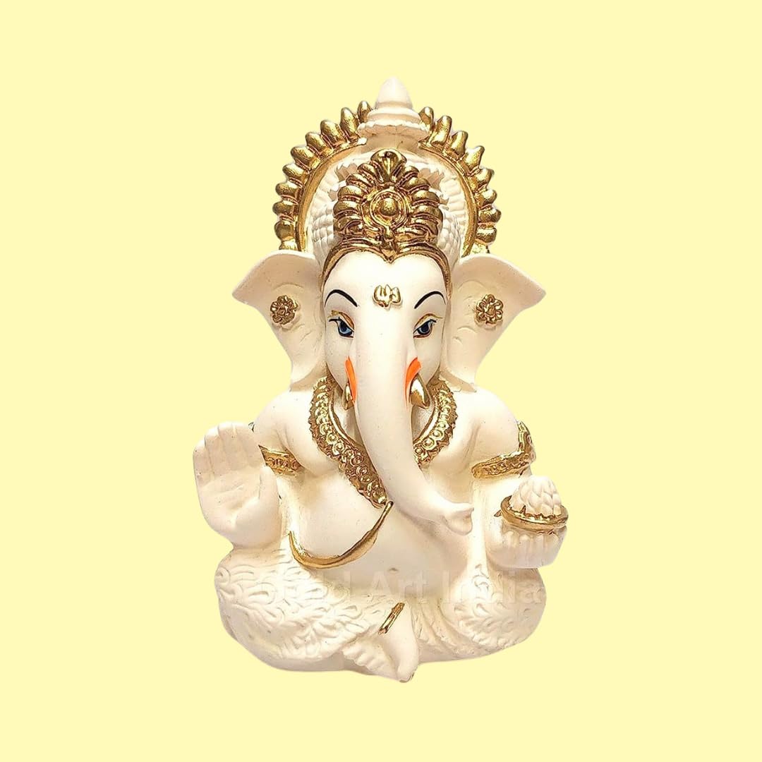 Gold Art India Peach Terracotta Colour Golden Paint Work Vinayaka Idol Car Dashboard Idol Ganesha Murti Ganpati Idol for Home Decor Puja Lord Ganesh Statue Gift for Office Desk Puja Room Figurine