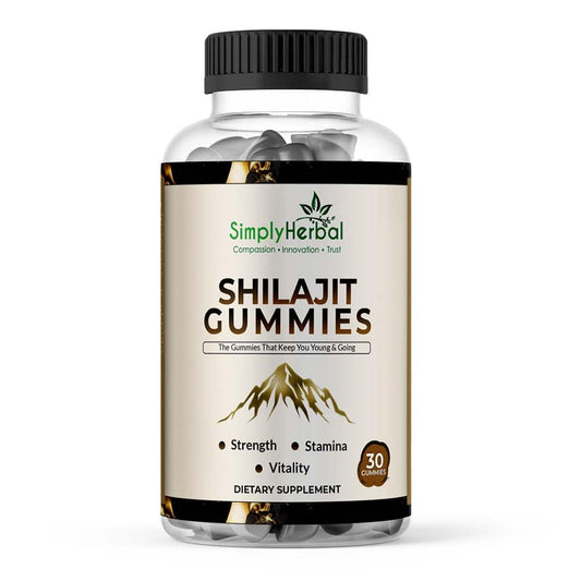 Bottle of Simply Herbal Shilajit Gummies on a white background