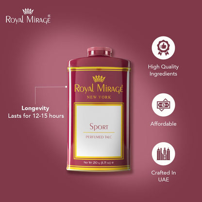 Royal Mirage Sport Deodorizing Talc | Silky Soft & Fresh Skin | Floral & Woody Notes | All-Day Refreshing Comfort | Ideal Post-Gym Talc | Energizing Scent | Unisex Powder | 250g