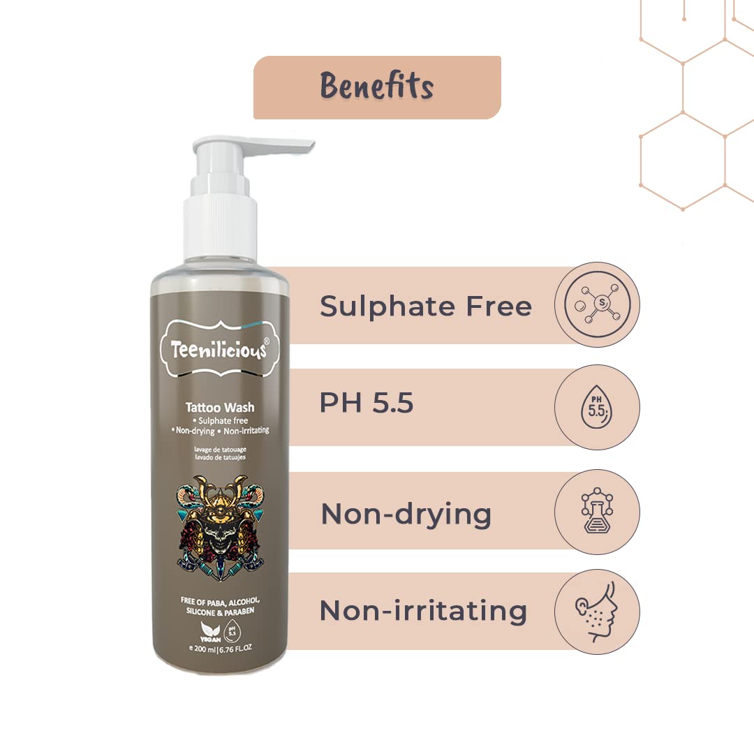 Teenilicious Tattoo Wash For Men & Women | Sulphate Free | Non Drying & Irritating | Free Form Silicones, Paraben & Paba - 200ml