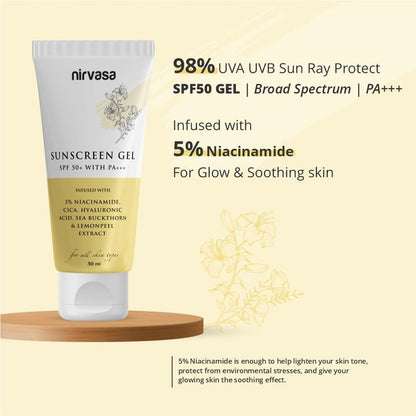 Nirvasa SPF50+ Sunscreen Gel (50ml) with 5% Niacinamide | Broad Spectrum UVA/UVB Protection, PA+++ | Lightweight, Non-Greasy, No White Cast | Hydrates, Brightens & Protects Skin | For All Skin