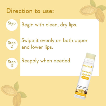 Lip balm with usage instructions on a yellow background