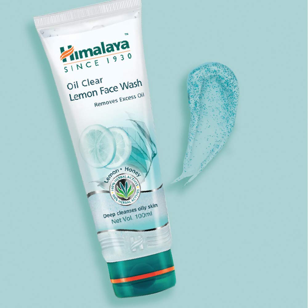 Himalaya Oil Clear Lemon Face Wash tube with a sample on a light blue background