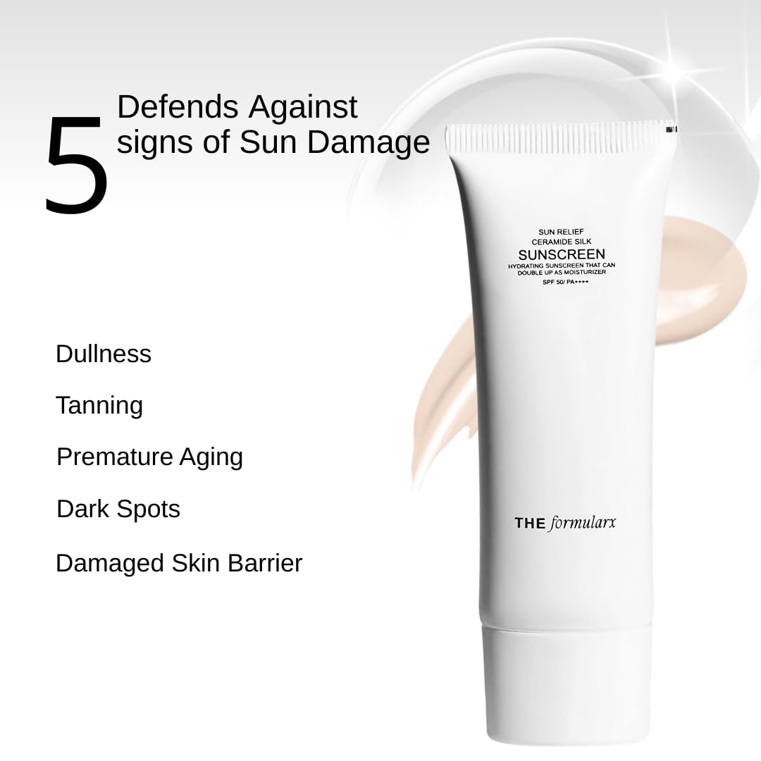The Formularx Sun Relief Ceramide Sunscreen SPF 50 PA++++ | Broad Spectrum UV & Blue Light Protection | For Oily, Acne prone, Sensitive Skin | Brightening Barrier Care with Niacinamide, Hyaluronic acid, & Peptides | Lightweight, No White Cast | 50g