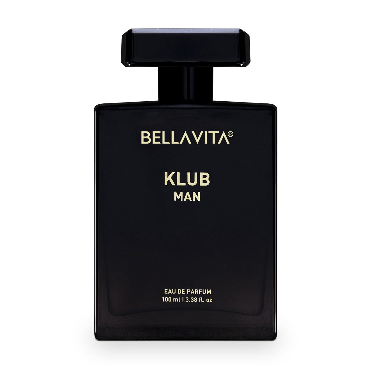 Black perfume bottle labeled 'Bella Vita Klub Man' on a white background