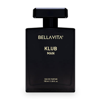 Black perfume bottle labeled 'Bella Vita Klub Man' on a white background