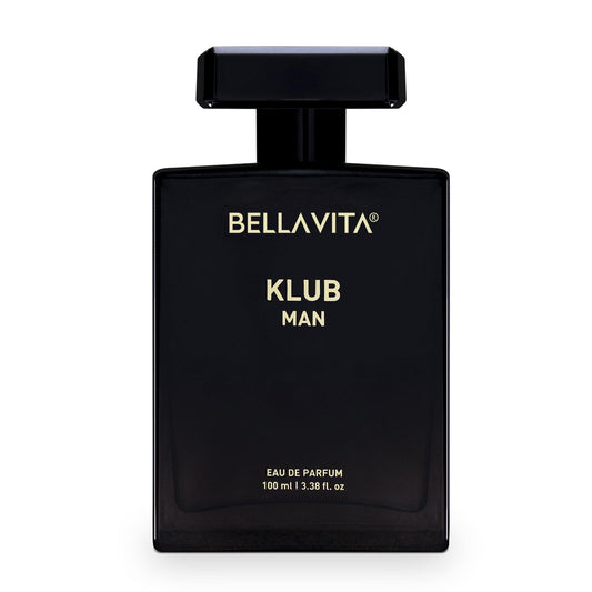 Black perfume bottle labeled 'Bella Vita Klub Man' on a white background
