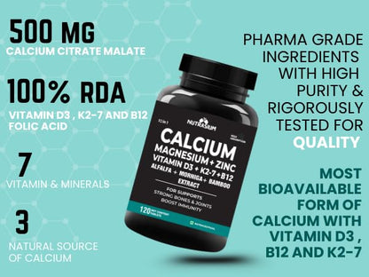 Nutrasium | Calcium & Vitamin D3 Tablets | Calcium Magnesium Zinc D3 & K2 with B12 & Folic Acid | Alfalfa, Moringa & Bamboo Leaves Extract | For Strong Bone & Joint Support | 120 Tablets