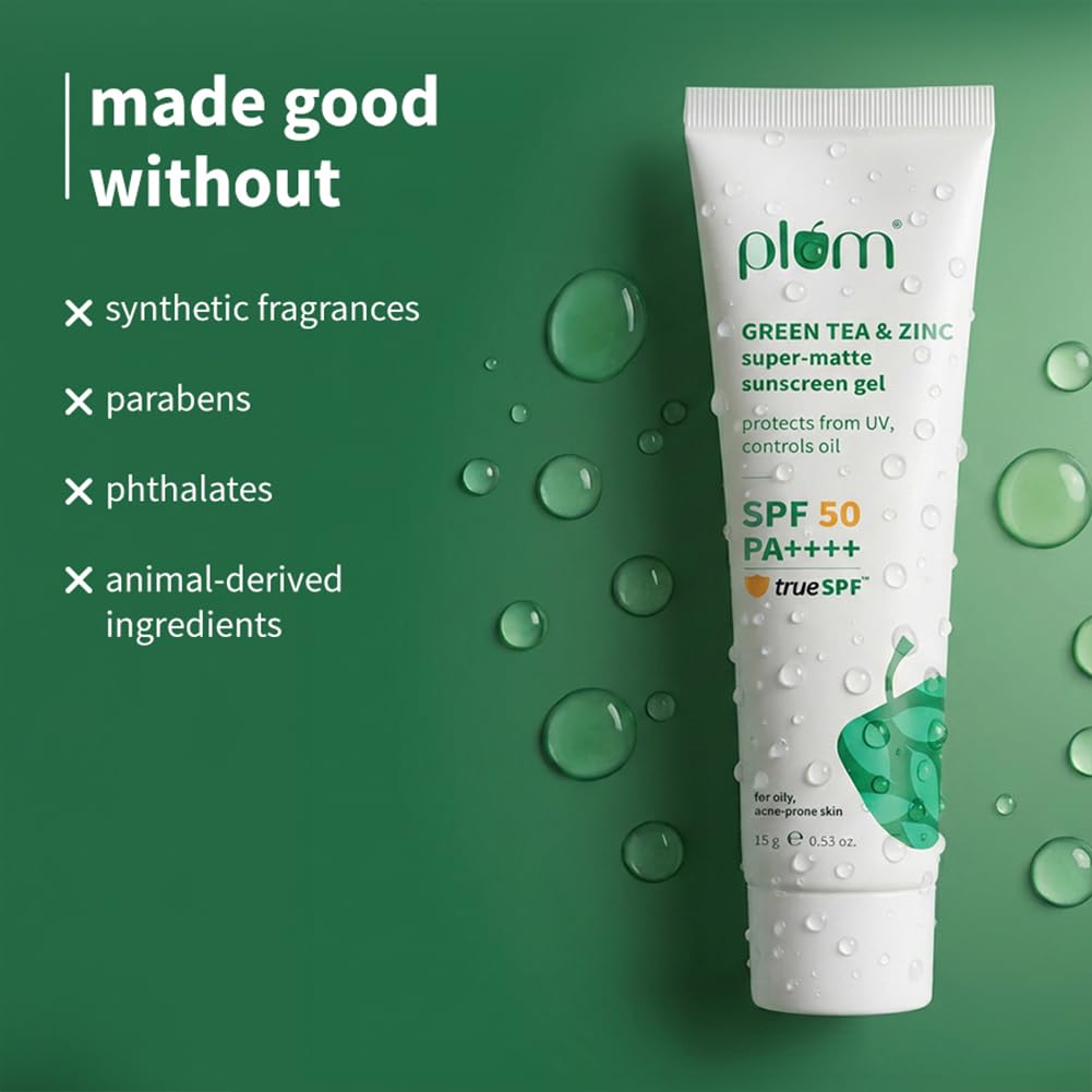 Plum Green Tea & Zinc Super-Matte Gel Sunscreen SPF 50 PA ++++ | Formulated for Oily, Combination and Acne Prone Skin | Protects & Controls Oil | Lightweight, No White Cast & Non-Sticky | Vegan | 15g
