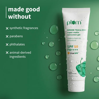 Plum Green Tea & Zinc Super-Matte Gel Sunscreen SPF 50 PA ++++ | Formulated for Oily, Combination and Acne Prone Skin | Protects & Controls Oil | Lightweight, No White Cast & Non-Sticky | Vegan | 15g