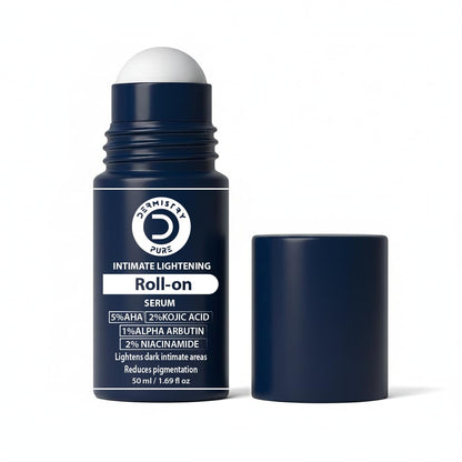 Intimate lightening roll-on serum with blue container and white cap on a white background