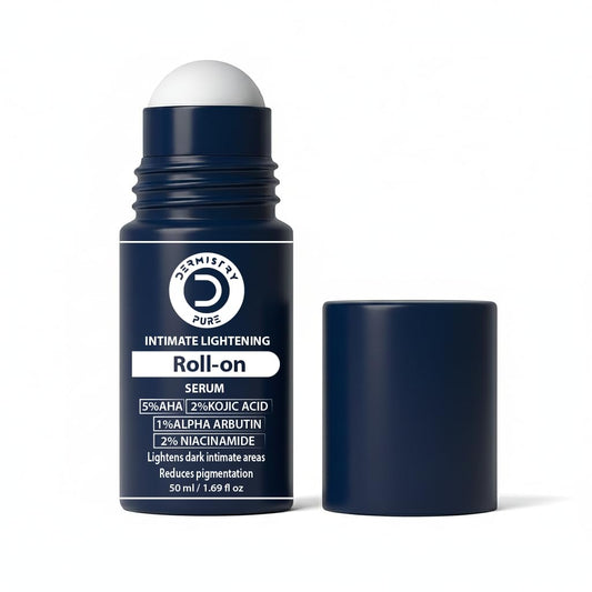 Intimate lightening roll-on serum with blue container and white cap on a white background