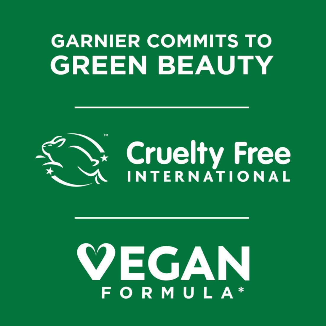 Garnier's commitment to green beauty with cruelty-free and vegan formula logos on a green background.