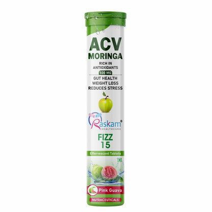 ACV Moringa supplement tube with green cap and white body on a white background