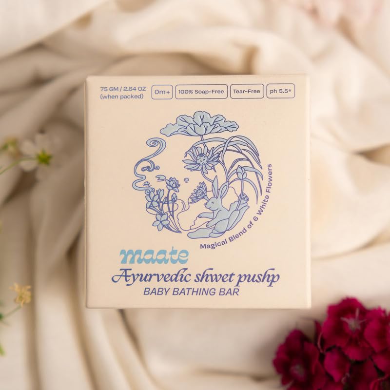 Maate Shwet Pushp Ayurvedic Baby Bathing Bar 75g | Soap & Tear Free Bath, pH 5.5 | Rice Water & Shea Butter | Moisturizing & Nourishing for Sensitive Skin | For Newborns, Infants & Babies 0m+