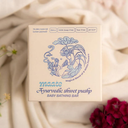 Maate Shwet Pushp Ayurvedic Baby Bathing Bar 75g | Soap & Tear Free Bath, pH 5.5 | Rice Water & Shea Butter | Moisturizing & Nourishing for Sensitive Skin | For Newborns, Infants & Babies 0m+