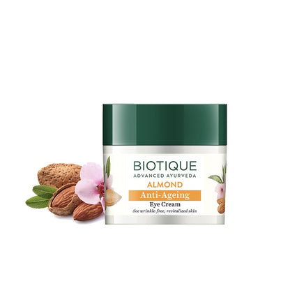 Biotique Almond Anti-Ageing Eye Cream| Ayurvedic and Organically Pure| Under Eye Cream for Dark Circles| Reduces Puffiness and Wrinkles |100% Botanical Extracts| Suitable for All Skin Types | 15gm