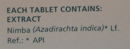Text on a beige background indicating the contents of each tablet with Nimba extract.