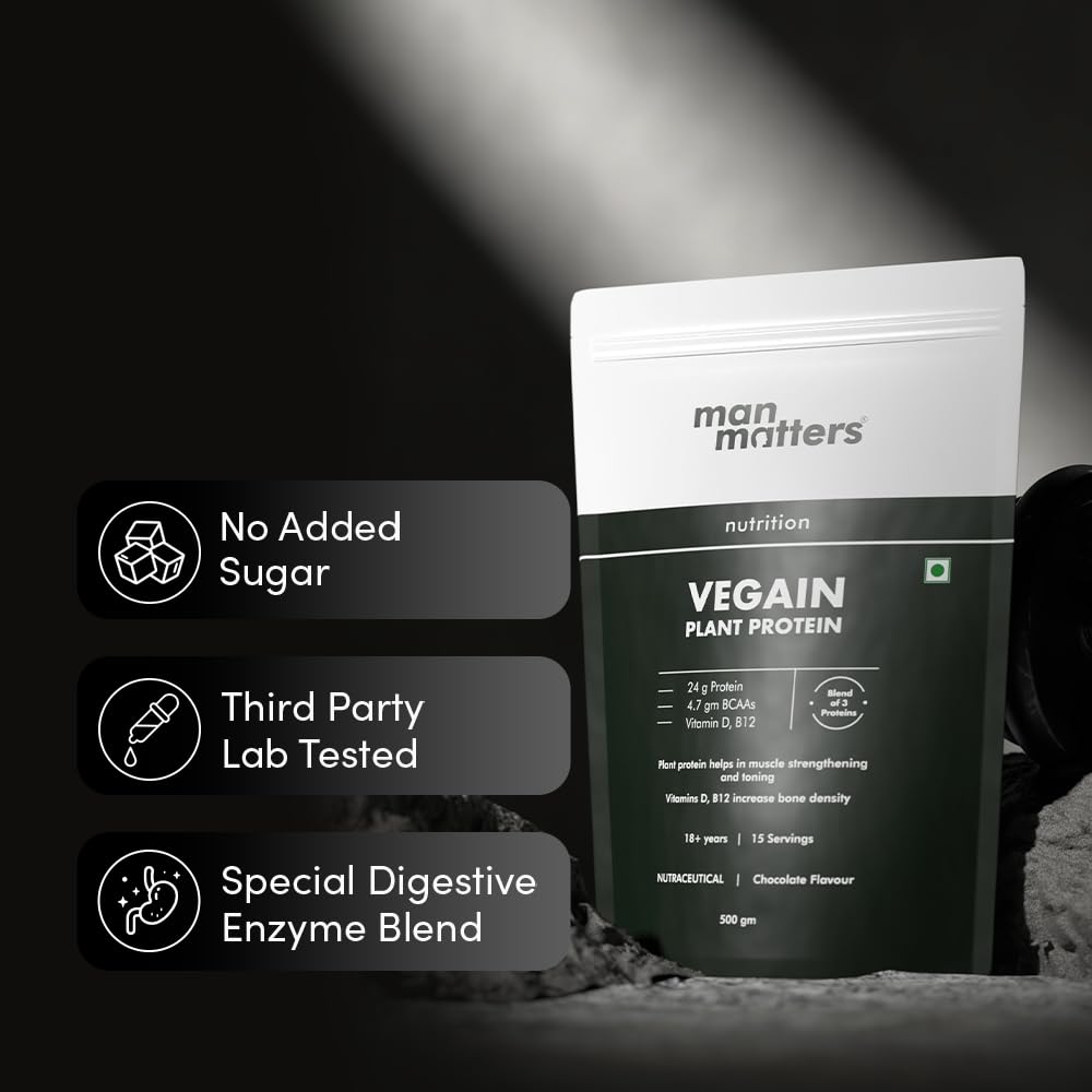 Man Matters VEGAIN Plant Protein Powder for Men | 100% Vegetarian | Made with Pea, Brown Rice, Moong Bean and Whole Algae | Gluten Free, Dairy Free & Soy Free | 500 grams