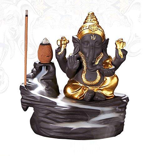 Lord Ganesh Backflow Incense Holder | Ganpati Bappa Smoke Fountain with 10 Free Cones | Spiritual Showpiece for Pooja Mandir, Home Temple, Office Table & Decorative Gift Golden