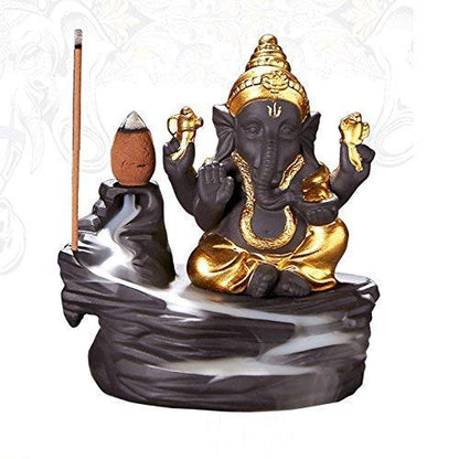 Lord Ganesh Backflow Incense Holder | Ganpati Bappa Smoke Fountain with 10 Free Cones | Spiritual Showpiece for Pooja Mandir, Home Temple, Office Table & Decorative Gift Golden