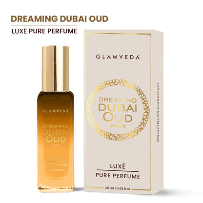 Glamveda Dreaming Dubai Oud Luxury Pure Perfume for Men & Women | Long-Lasting Unisex Fragrance with Lavender, Pink Pepper, Caramel & Guaiacwood Notes | Floral & Woody Perfume | 20ml