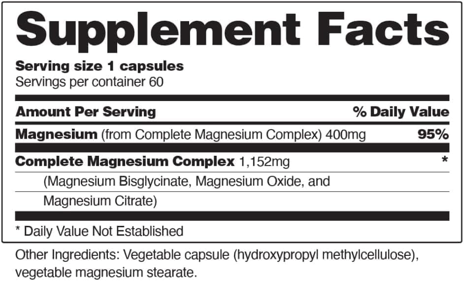 Snap Triple Magnesium Complex for Women & Men for Sleep & Muscle Support – 400mg, 3-in-1 Magnesium Supplement – Bisglycinate, Citrate & Oxide – Chelated for High-Absorption, 60 Vegetarian Capsules