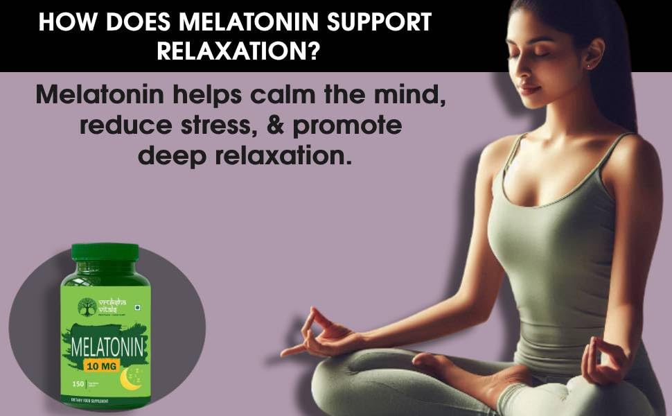 Woman meditating with a bottle of melatonin supplements on a purple background