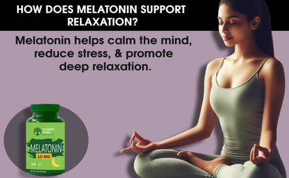 Woman meditating with a bottle of melatonin supplements on a purple background