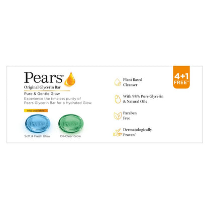 Pears Original Glycerin Soap Bar - Pure & Gentle Glow | With 98% Pure Glycerin | For Hydration & Glow | With Plant Based Cleanser for Skin & Body | Paraben-free | 125gms x 5