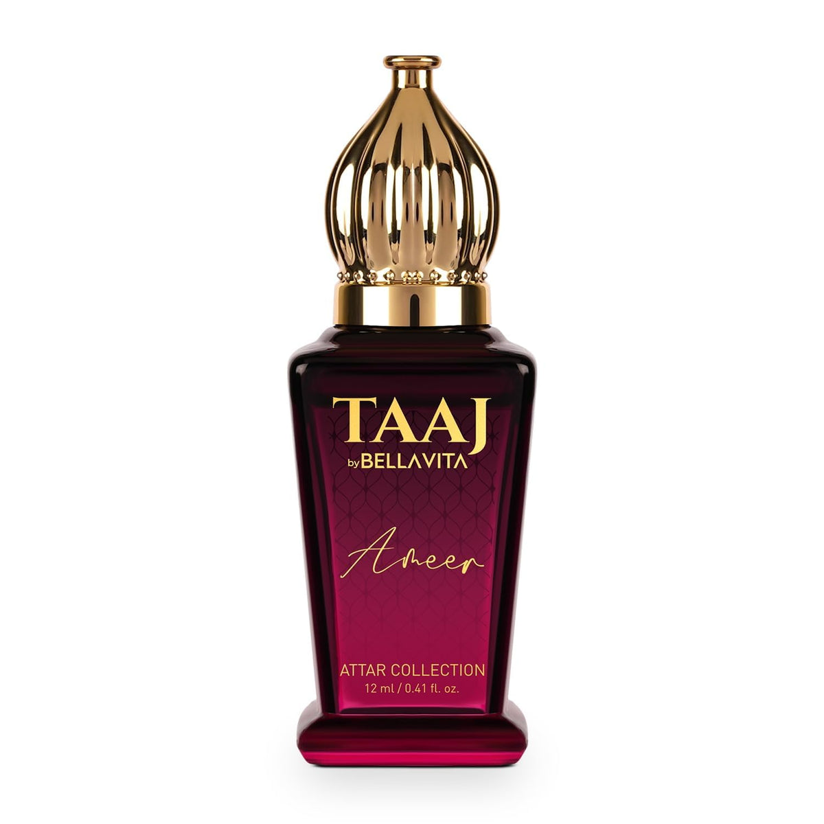 Perfume bottle with gold cap and maroon label on a white background