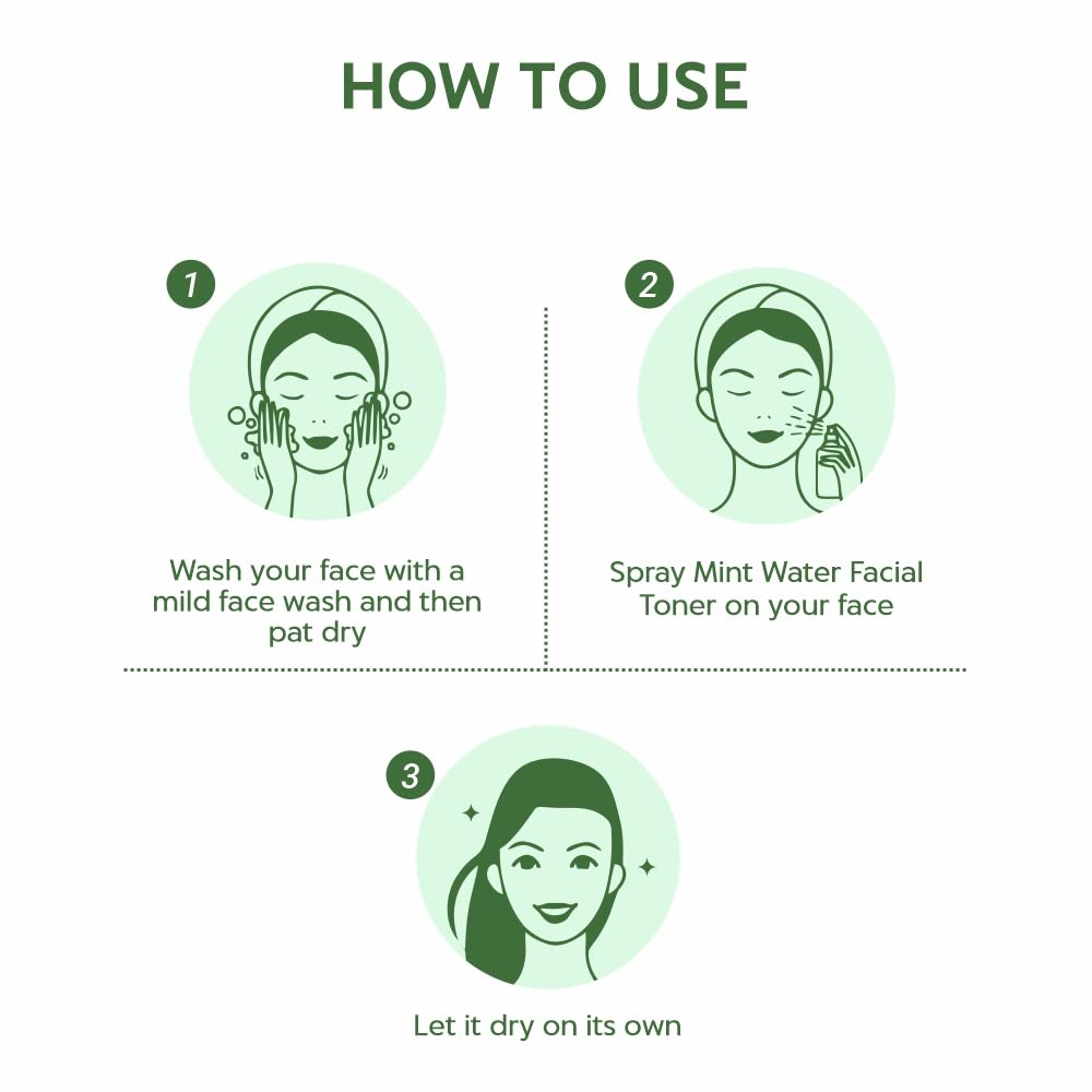 Step-by-step guide on how to use a facial toner with illustrations and text.