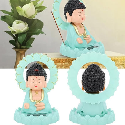 Buddha Statue | Plastic Solar Powered Moving Head Buddha Statue| for Living Room, Car Dashboard, Home, Office Desk, Wealth & Prosperity | Good Luck Cute Buddha (Light Blue Color) (1 Pc)