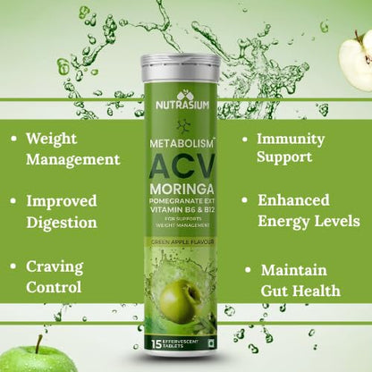 Nutrasium ACV Moringa Metabolism Plus | Apple Cider Vinegar Effervescent Tablet | For Supports Weight Loss, Control Cravings, Convert Fat Into Energy, Boost Energy & Immunity | 15 Tablets Green Apple