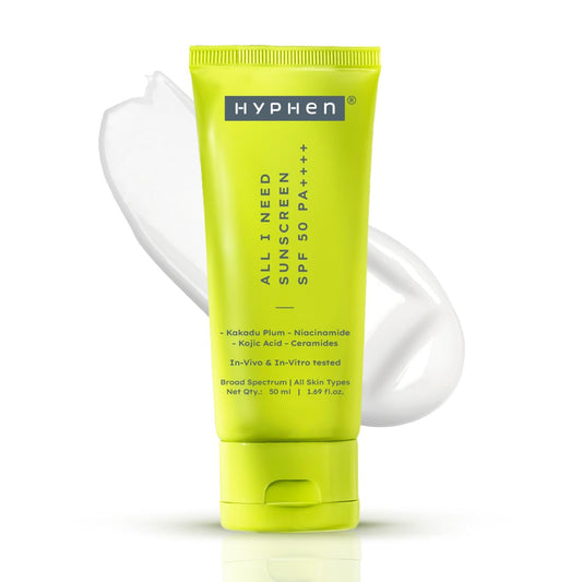 Green sunscreen tube with 'Hyphen' branding on a white background