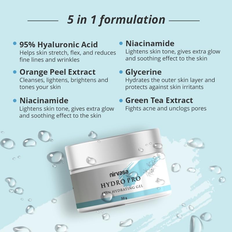 Nirvasa Hydro Pro Skin Hydrating Gel with 95% Pure Hyaluronic Acid & Orange Peel Extract | Reduces Wrinkles & Improves Natural Radiance | 72 Hour Cover, Non-Sticky & For All Skin Types | 50g